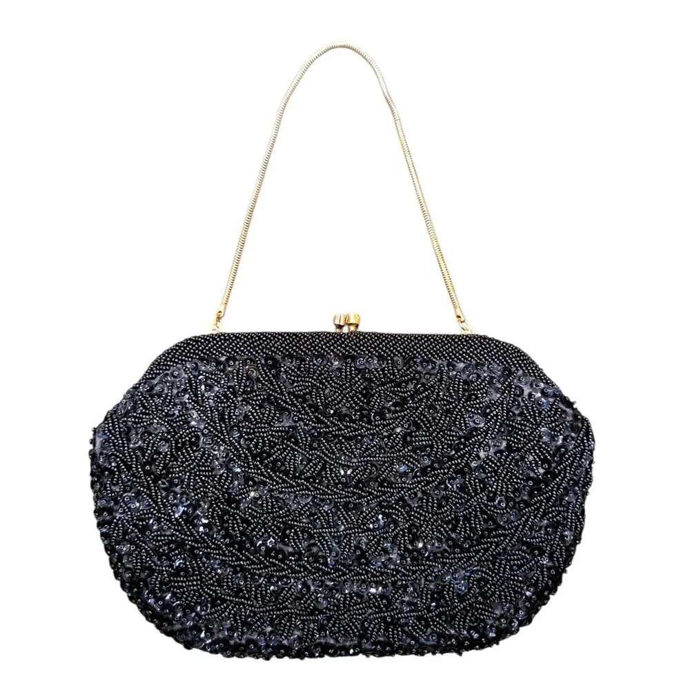 Vintage 50s/60s Whiting & Davis Black Beaded Evening Clutch